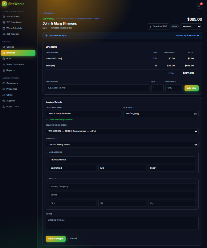 Invoice with QuickBooks push