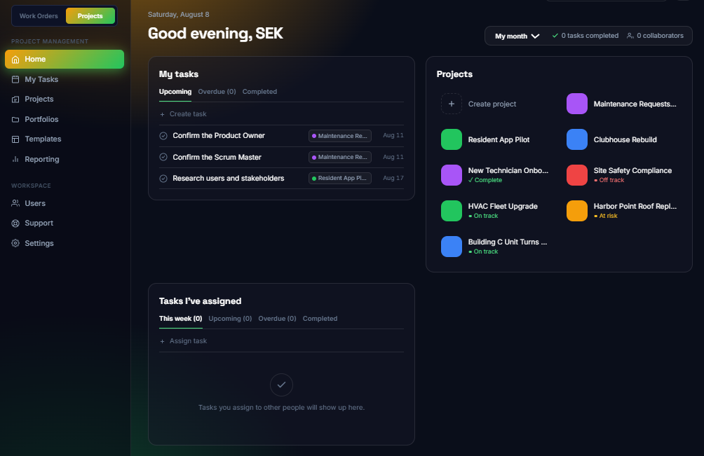 Project Management — Home dashboard