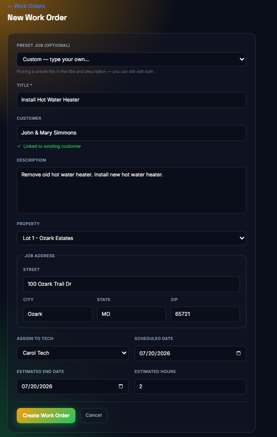 Work Orders — live job list & status